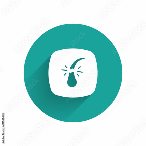 White Broken hair follicle icon isolated with long shadow background. Hair care treatment. Green circle button. Vector