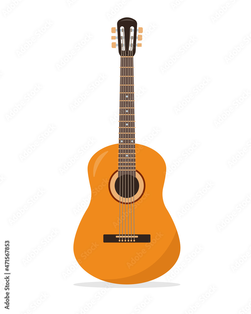 Acoustic Guitar icon. Wooden stringed musical instrument guitar with six strings isolated on white background. Vector illustration in flat or cartoon style.