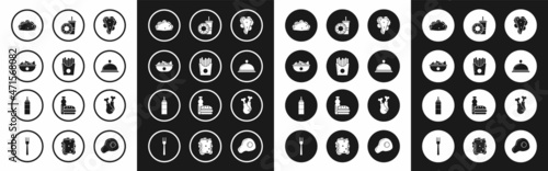 Set Sandwich, Potatoes french fries in carton package box, Nachos plate, Taco with tortilla, Covered tray of food, Paper glass drinking straw donut, Chicken leg and Sauce bottle icon. Vector