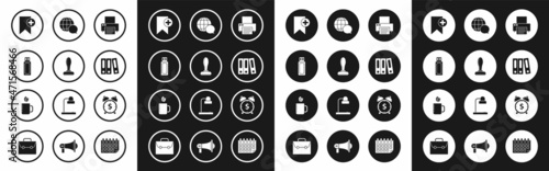 Set Printer, Stamp, USB flash drive, Bookmark, Office folders with papers and documents, World map made from speech bubble, Alarm clock dollar symbol and Cup of tea leaf icon. Vector
