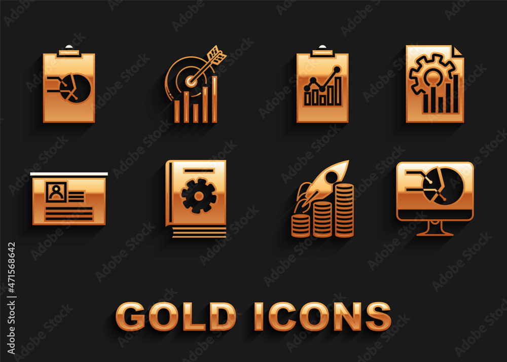 Set User manual, Document with graph chart, Computer monitor, Rocket flying up coins growth, Board resume, Clipboard, and Target icon. Vector Set User manual, Document with graph chart, Computer monitor, Rocket flying up coins growth, Board resume, Clipboard, and Target icon. Vector