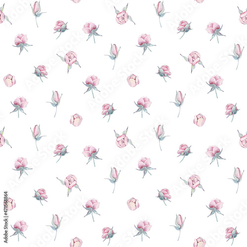 Vintage pink peonies with branches seamless pattern isolated. Watercolor hand drawn floral illustration on a white background. For mother, birthday, valentine, love cards, linen, wrapping.