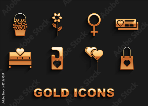 Set Please do not disturb with heart, Ticket, Shopping bag, Balloons form of ribbon, Bedroom, Female gender symbol, Flowers basket and icon. Vector
