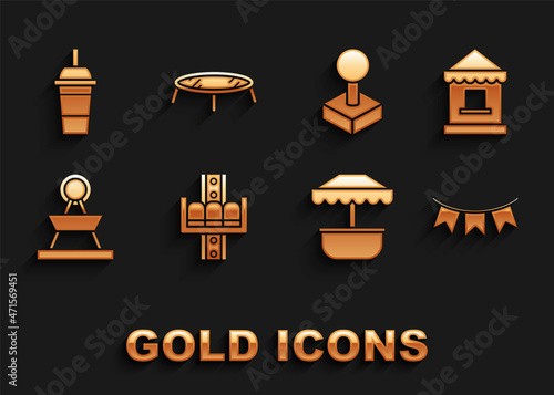 Set Attraction carousel, Ticket box office, Carnival garland with flags, Joystick for arcade machine, Paper glass drinking straw water and Jumping trampoline icon. Vector