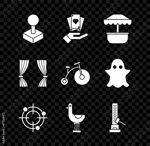 Set Joystick for arcade machine, Target sport shooting competition, Riding kid duck, High striker attraction with big hammer, Curtain and Vintage bicycle one wheel one small icon. Vector