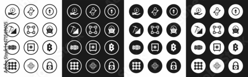 Set Cryptocurrency coin Ethereum ETH, Blockchain technology, cloud mining, Hand holding Bitcoin, Shopping basket with bitcoin, key, and Mining farm icon. Vector