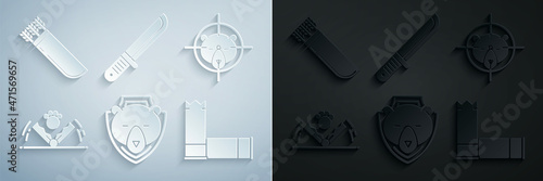 Set Bear head on shield, Hunt bear with crosshairs, Trap hunting, Cartridges, Hunter knife and Quiver arrows icon. Vector
