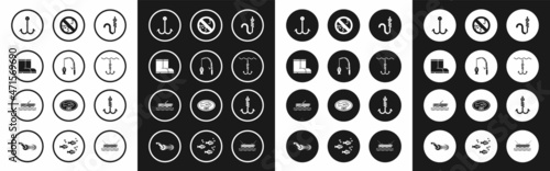 Set Fishing hook and worm, rod fish, boots, under water, No fishing, and boat with oars on icon. Vector