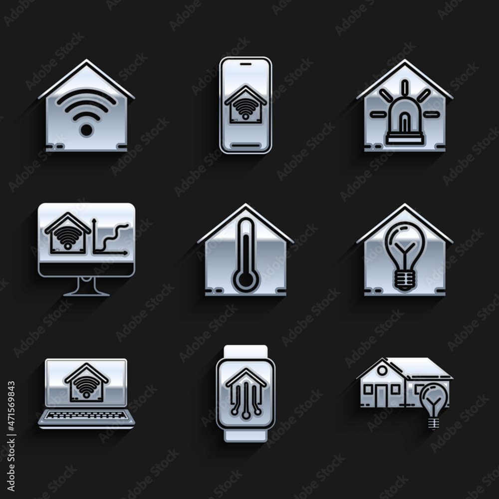 Set House temperature, Smart home with smart watch, house and light bulb, Laptop wi-fi, Computer monitor, alarm and icon. Vector Set House temperature, Smart home with smart watch, house and light bulb, Laptop wi-fi, Computer monitor, alarm and icon. Vector