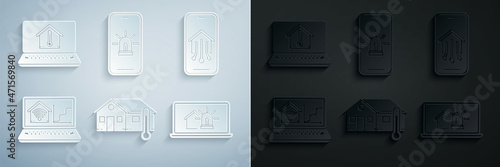 Set House temperature, Mobile phone with smart home, Laptop wi-fi, house and alarm, and icon. Vector