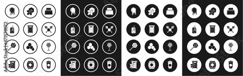 Set Beekeeper with protect hat, Hive for bees, Jar of honey and honey dipper stick, Honeycomb, honeycomb, Flower and icon. Vector