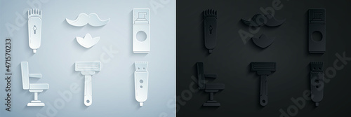 Set Shaving razor, gel foam, Barbershop chair, Electrical clipper shaver, Mustache and beard and icon. Vector