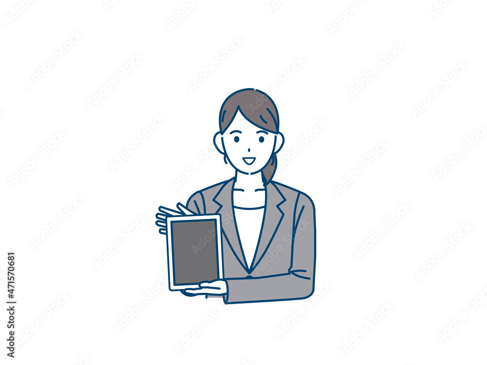 タブレットを見せる　スーツ姿の女性　販売員　ビジネス　イラスト素材