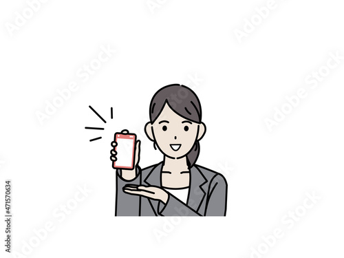 スマートフォンを見せる　スーツ姿の女性　販売員　携帯電話　イラスト素材