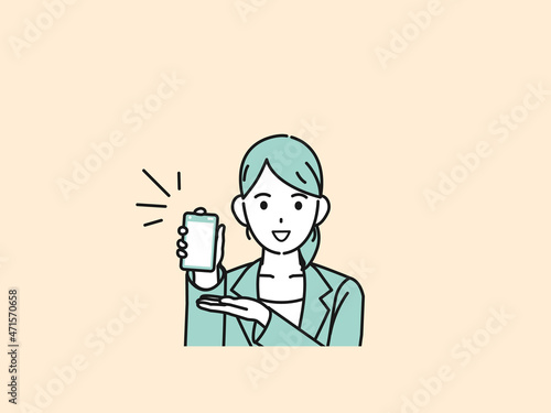 スマートフォンを見せる　スーツ姿の女性　販売員　携帯電話　イラスト素材