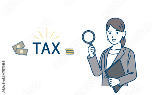 税金　税理士　スーツ姿の女性　調べる　納税　節税　　確定申告　チェック　イラスト素材
