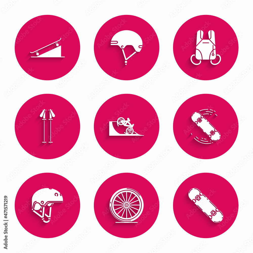 Set Bicycle on street ramp, wheel, Skateboard trick, Helmet, Ski poles, Parachute and icon. Vector Set Bicycle on street ramp, wheel, Skateboard trick, Helmet, Ski poles, Parachute and icon. Vector