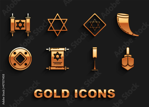 Set Torah scroll, Traditional ram horn, shofar, Hanukkah dreidel, Jewish goblet, coin, Star David, and icon. Vector