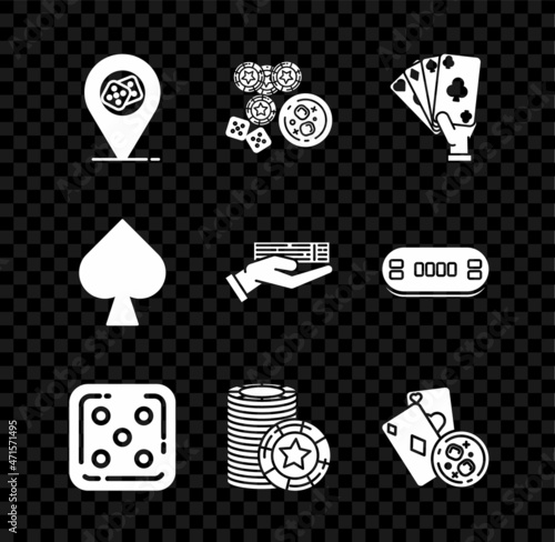 Set Casino location, chips, game dice and glass of whiskey with ice cubes, Hand holding playing cards, Game, Playing, spades symbol and deck icon. Vector