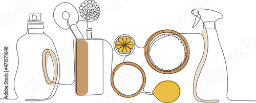 Continuous one line drawing of cleaning set for bathroom cleaning supplies brushes scrubbing and body skin care liquid bottle. Minimal concept. Vector illustration