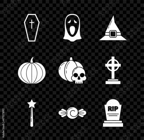 Set Coffin with christian cross, Funny and scary ghost mask for Halloween, Witch hat, Magic wand, Candy, Tombstone RIP, Pumpkin and skull icon. Vector photo