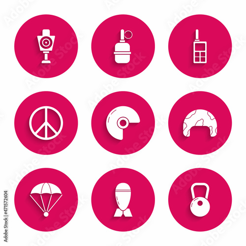 Set Military helmet, Aviation bomb, Kettlebell, Parachute, Peace, Walkie talkie and Human target sport for shooting icon. Vector