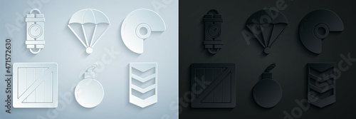 Set Bomb ready to explode, Military helmet, ammunition box, rank, Parachute and Detonate dynamite bomb stick and timer clock icon. Vector