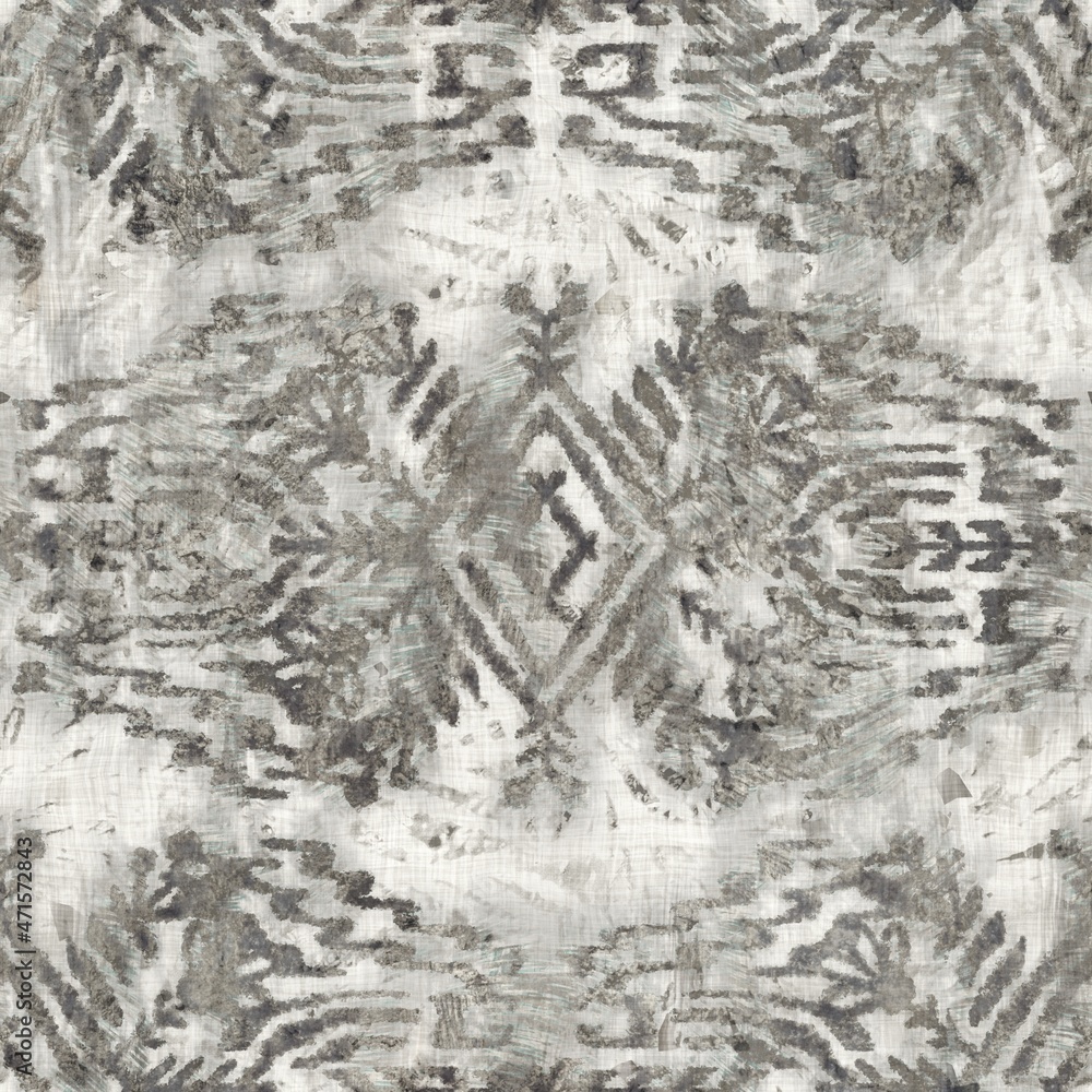 Seamless grungy tribal ethnic rug motif pattern. High quality illustration. Distressed old looking native style design in faded neutral brown and cream colors. Old artisan textile seamless pattern.