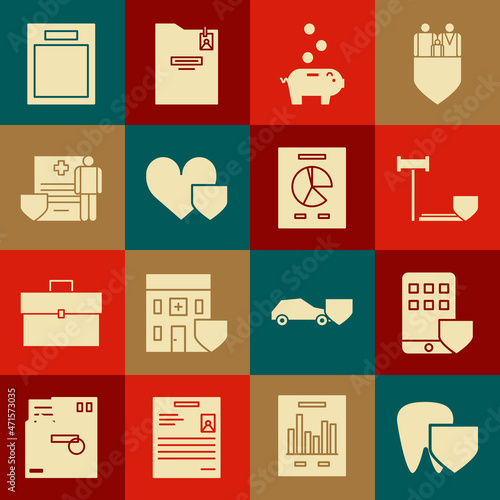 Set Tooth with shield, Smartphone insurance, Judge gavel, Piggy bank coin, Heart, Medical clipboard clinical record, Empty form and Document graph chart icon. Vector