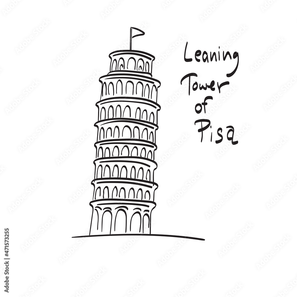 leaning tower of pisa Italy illustration vector isolated on white background line art.