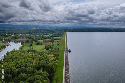 Aerial photo of embankment of Goczalkowice Reservoir in Silesian Province of Poland