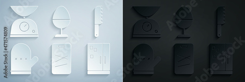 Set Cutting board, Bread knife, Oven glove, Refrigerator, Chicken egg on stand and Scales icon. Vector