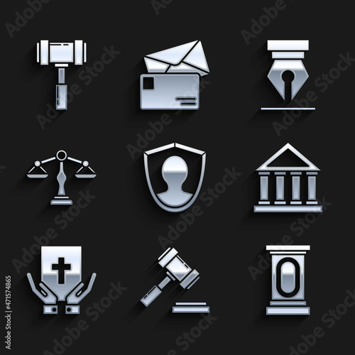 Set User protection, Judge gavel, Stage stand or debate podium rostrum, Courthouse building, Oath the Holy Bible, Scales of justice, Fountain pen nib and icon. Vector