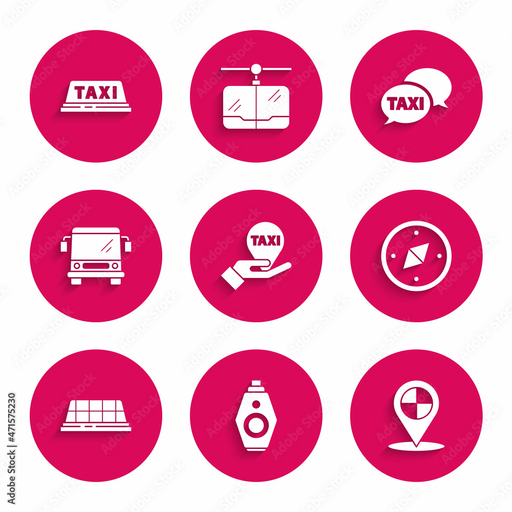 Set Hand on map pointer with taxi, Car key remote, Map, Compass, Taxi car roof, Bus, call telephone service and icon. Vector Set Hand on map pointer with taxi, Car key remote, Map, Compass, Taxi car roof, Bus, call telephone service and icon. Vector