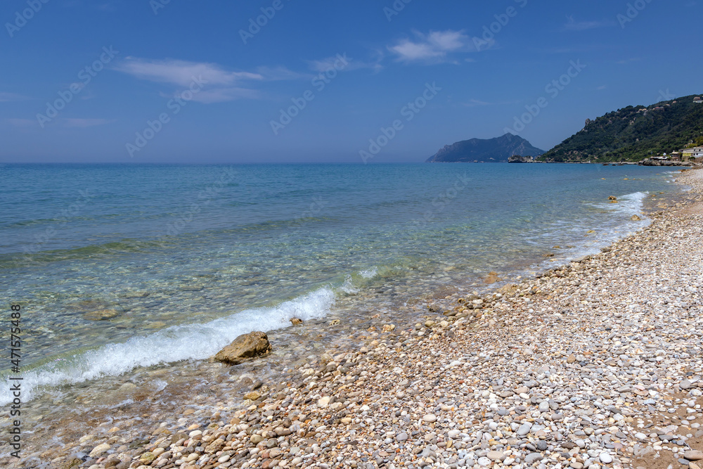 Beach in Agios Gordios on the Ionian Sea shore on Corfu Island, Greece