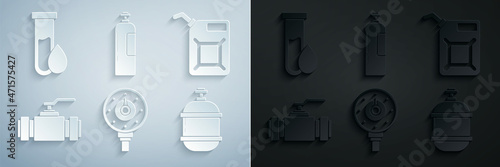 Set Motor gas gauge, Canister for gasoline, Industry metallic pipes and valve, Propane tank, Industrial cylinder and Oil petrol test tube icon. Vector