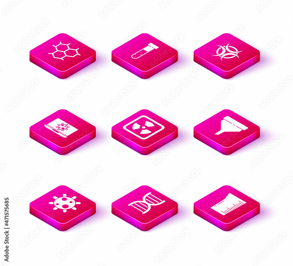 Set Bacteria, DNA symbol, on laptop, Radioactive, Laboratory glassware or beaker, Funnel filter, Biohazard and Test tube and flask chemical icon. Vector Set Bacteria, DNA symbol, on laptop, Radioactive, Laboratory glassware or beaker, Funnel filter, Biohazard and Test tube and flask chemical icon. Vector