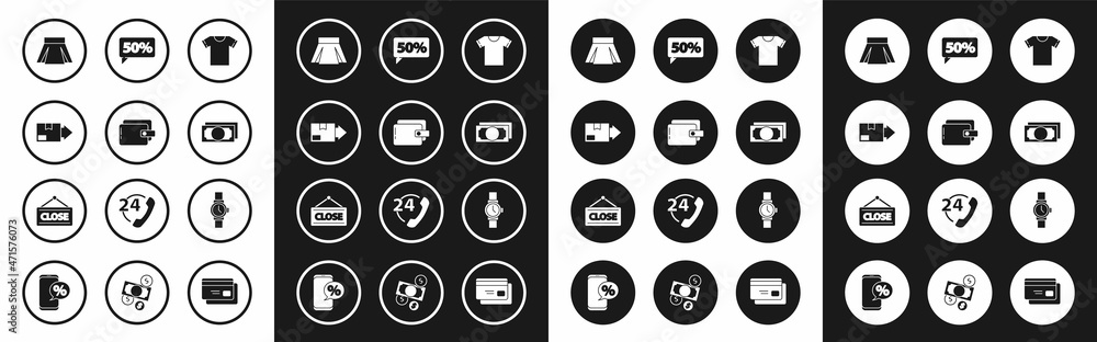 Set T-shirt, Wallet, Carton cardboard box, Skirt, Stacks paper money cash, Fifty discount percent tag, Wrist watch and Hanging sign with Closed icon. Vector Set T-shirt, Wallet, Carton cardboard box, Skirt, Stacks paper money cash, Fifty discount percent tag, Wrist watch and Hanging sign with Closed icon. Vector