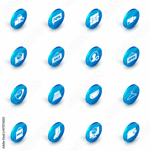Set Seventy discount percent tag, Gift box, Carton cardboard, Percent and laptop, Telephone 24 hours support, Hanging sign with Sale, Open and Create account screen icon. Vector