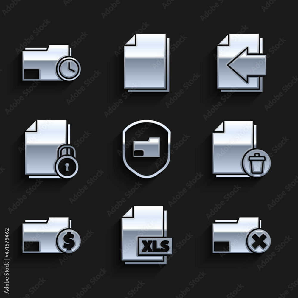 Set Document folder protection, XLS file document, Delete, Finance, and lock, Next page arrow and with clock icon. Vector Set Document folder protection, XLS file document, Delete, Finance, and lock, Next page arrow and with clock icon. Vector
