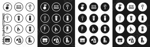 Set Hand mirror, Shaving brush, Hairdresser pistol spray bottle, gel foam, Barbershop, and Hairbrush icon. Vector