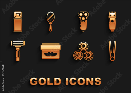Set Cream or lotion cosmetic jar, Electrical hair clipper shaver, Curling iron for, Towel rolls, Shaving razor, blade men, gel foam and Hand mirror icon. Vector
