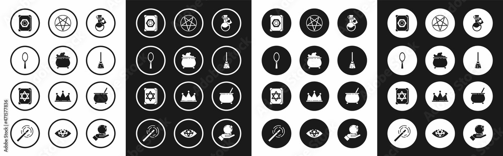 Set Bottle with love potion, Witch cauldron, Magic hand mirror, Ancient magic book, Witches broom, Pentagram in circle, and icon. Vector Set Bottle with love potion, Witch cauldron, Magic hand mirror, Ancient magic book, Witches broom, Pentagram in circle, and icon. Vector