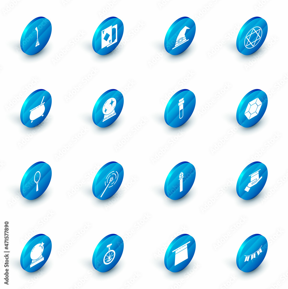 Set Playing cards, Witch hat, Star of David, cauldron, Magic hand mirror, ball, stone and Bottle with love potion icon. Vector