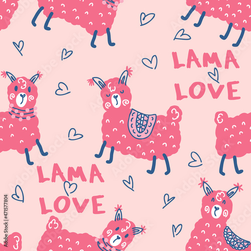 Romantic seamless pattern with lamas, hearts and text LAMA LOVE. Perfect for T-shirt, textile and print. Hand drawn vector illustration for decor and design.
