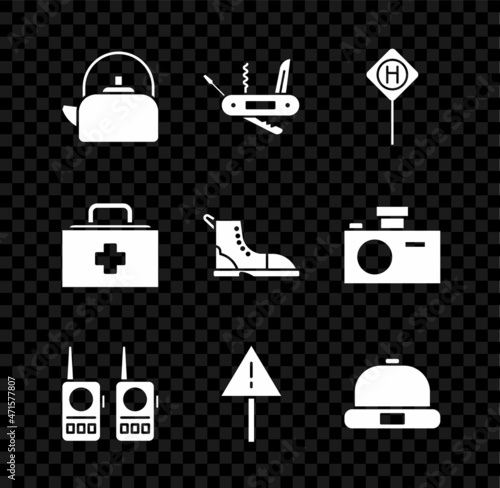 Set Kettle with handle, Swiss army knife, Parking, Walkie talkie, Exclamation mark triangle, Beanie hat, First aid kit and Hiking boot icon. Vector