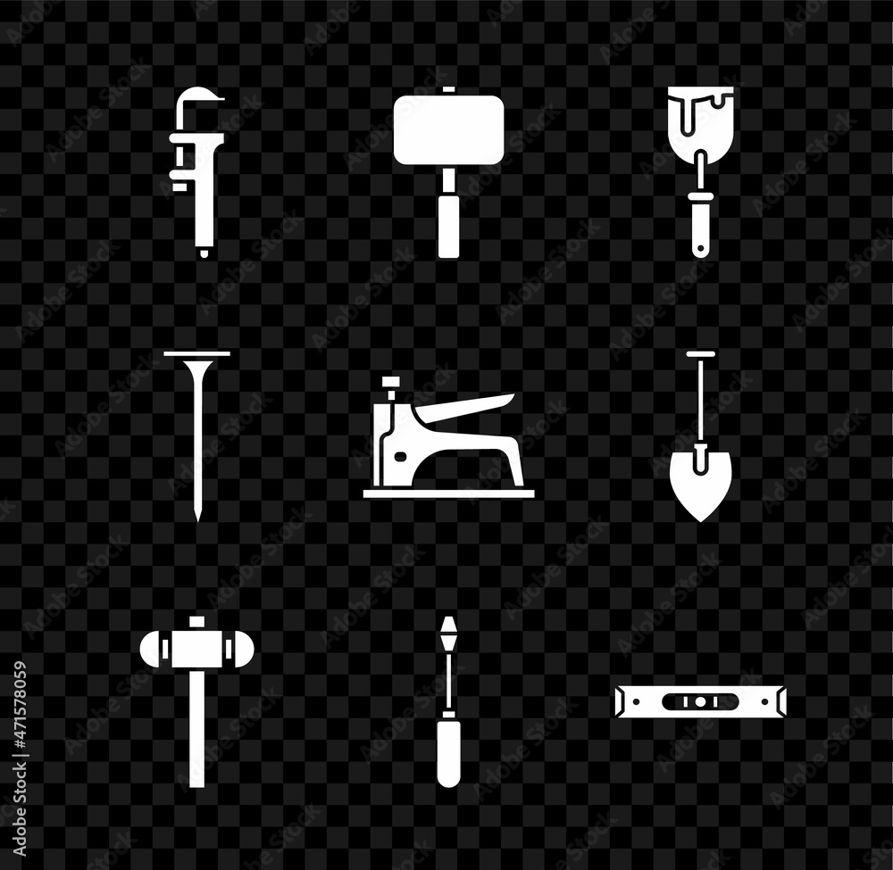 Set Calliper or caliper and scale, Sledgehammer, Putty knife, Screwdriver, Construction bubble level, Metallic nail and stapler icon. Vector Set Calliper or caliper and scale, Sledgehammer, Putty knife, Screwdriver, Construction bubble level, Metallic nail and stapler icon. Vector