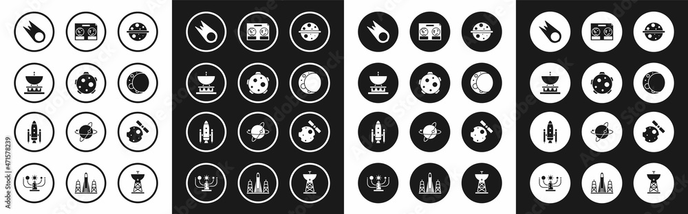 Set Planet Saturn, Satellite dish, Comet falling down fast, Moon, Celestial map of the night sky, Satellites orbiting planet Earth and Space shuttle and rockets icon. Vector Set Planet Saturn, Satellite dish, Comet falling down fast, Moon, Celestial map of the night sky, Satellites orbiting planet Earth and Space shuttle and rockets icon. Vector