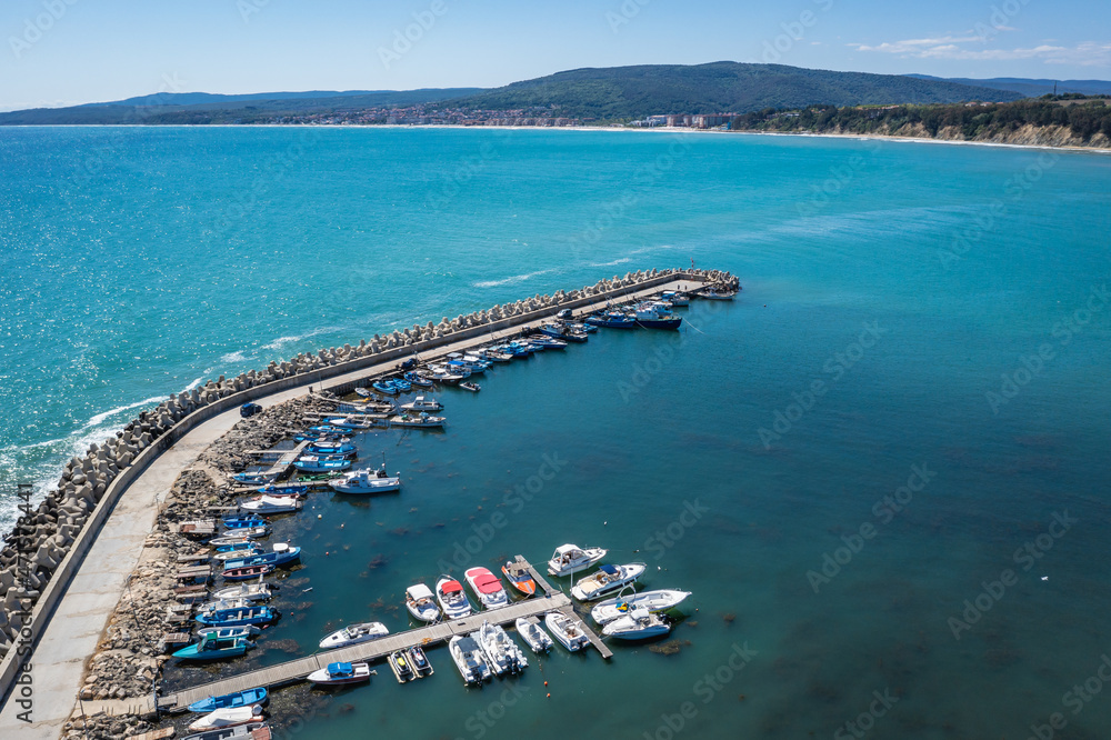 Aerial drone photo of breakwater in port of Byala town on the Black Sea shore, Bulgaria