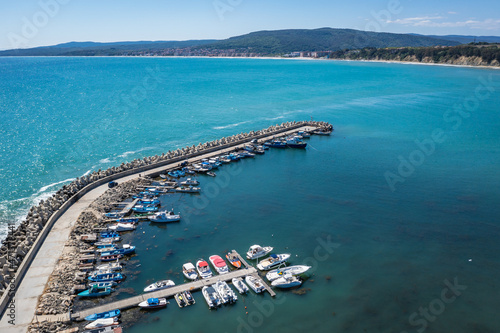 Aerial drone photo of breakwater in port of Byala town on the Black Sea shore, Bulgaria